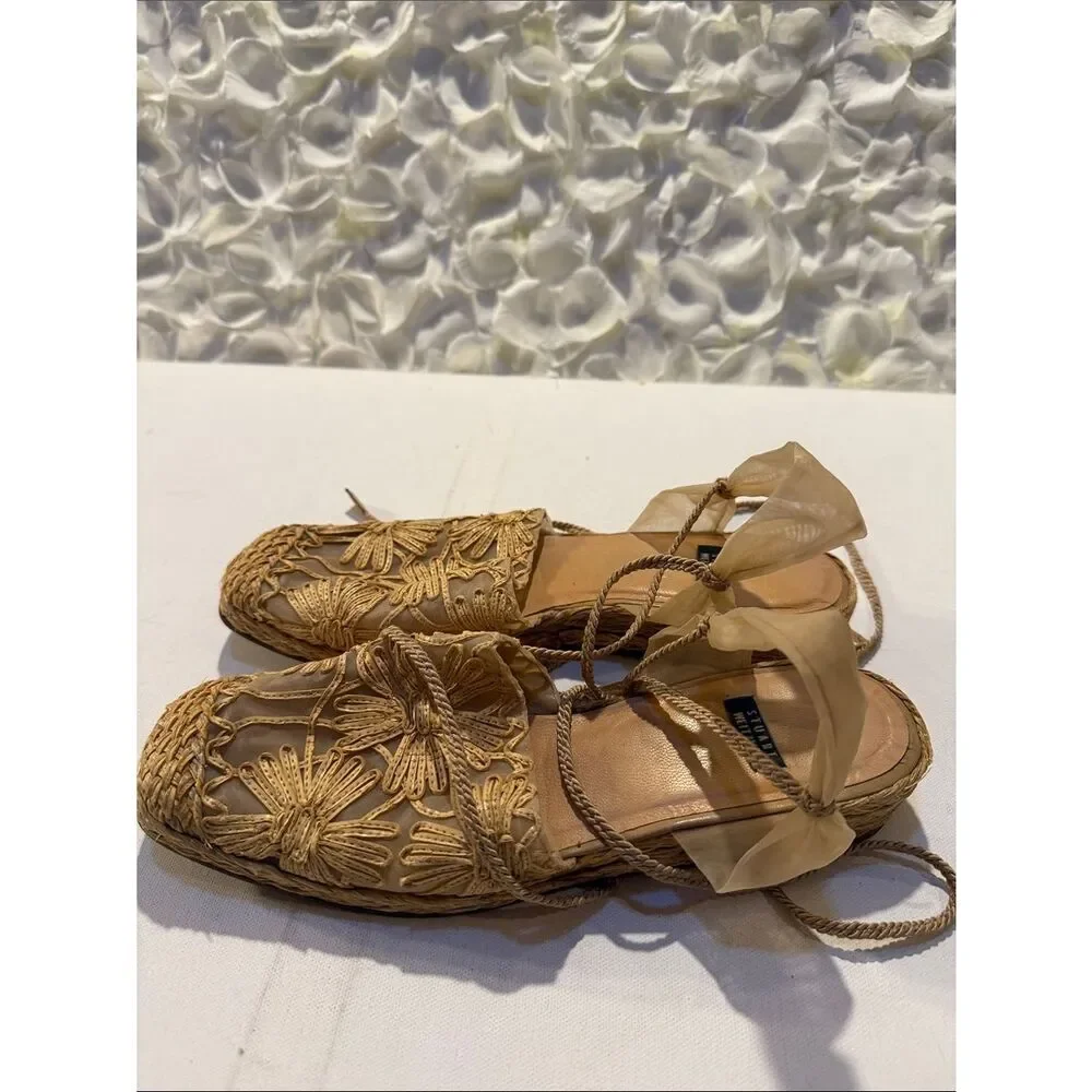 Stuart Weitzman Beige Tan Floral Rope Espadrille Sandals